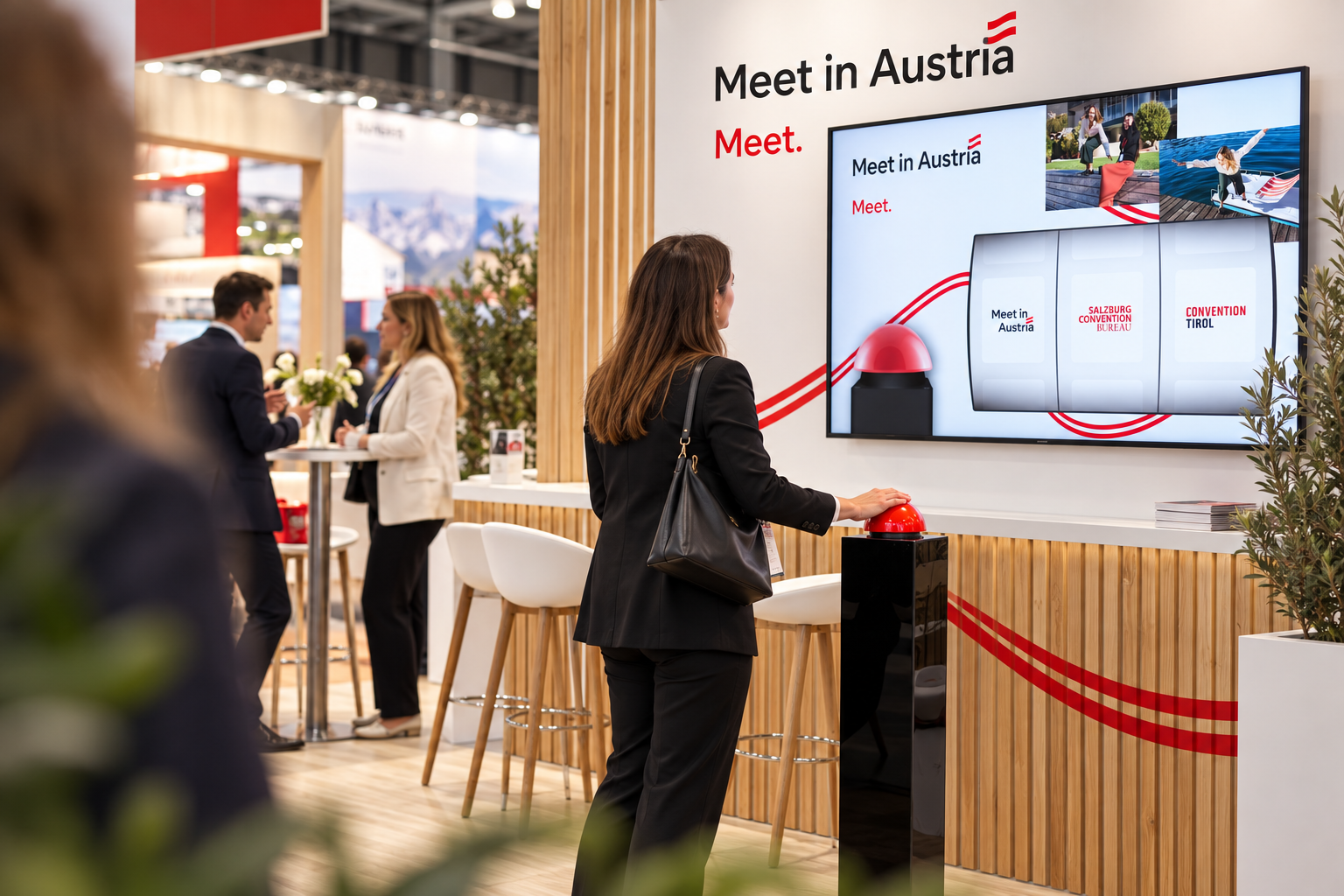Besucherin spielt das Meet in Austria Gewinnspiel mit dem roten GAMIFY Buzzer