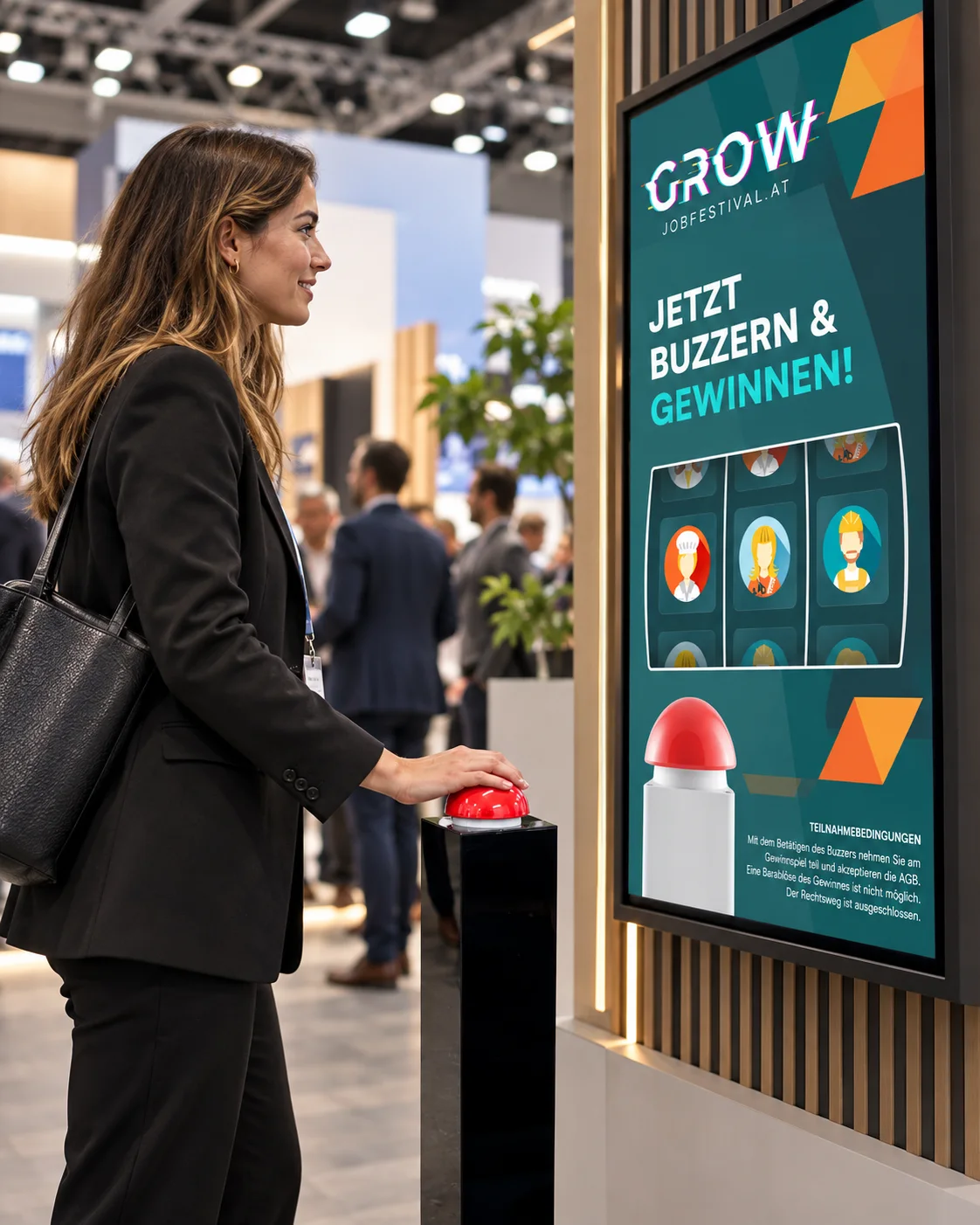 Besucherin am Buzzer aus Froschperspektive vor dem GROW-Spielscreen