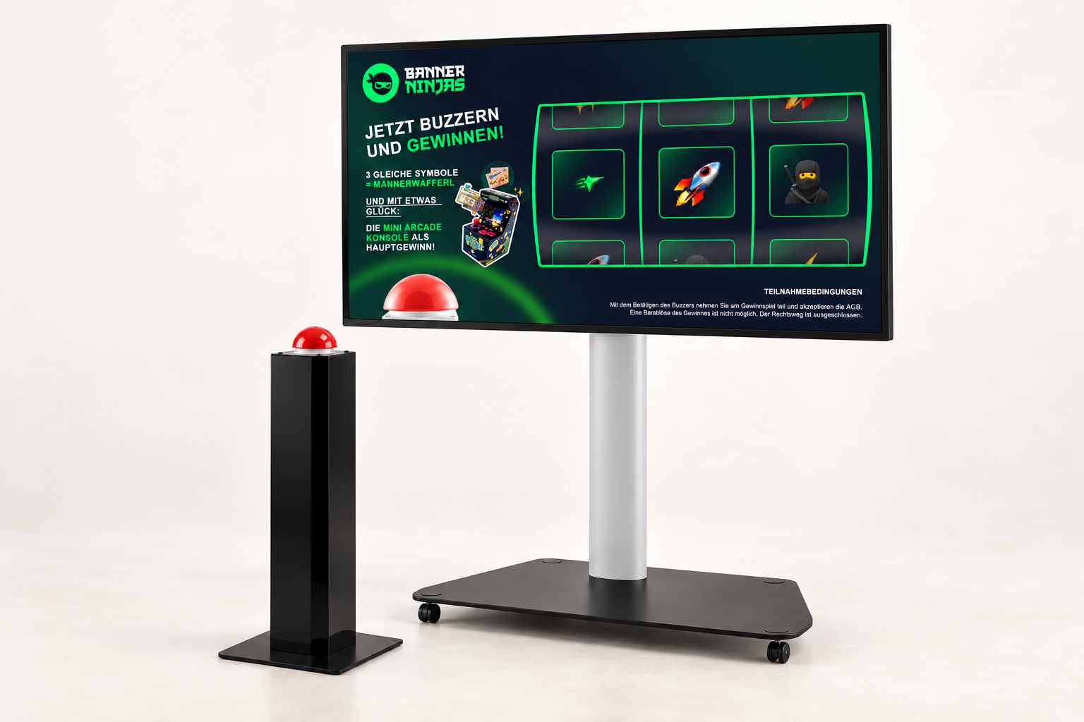 GAMIFY Slotmachine Setup: Bildschirm auf fahrbarem Standfuß mit Banner Ninjas Slotmachine und daneben eine Buzzer-Stele mit rotem Buzzer
