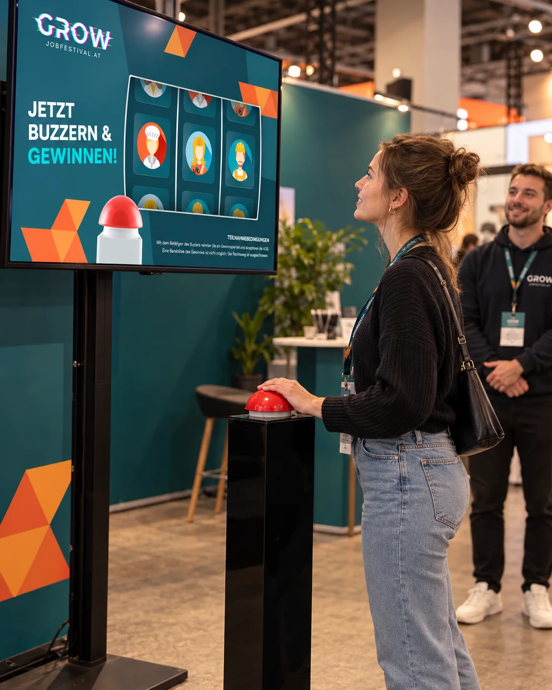 Besucherin am Buzzer vor einer Slotmachine im GROW-Design auf einem Messestand