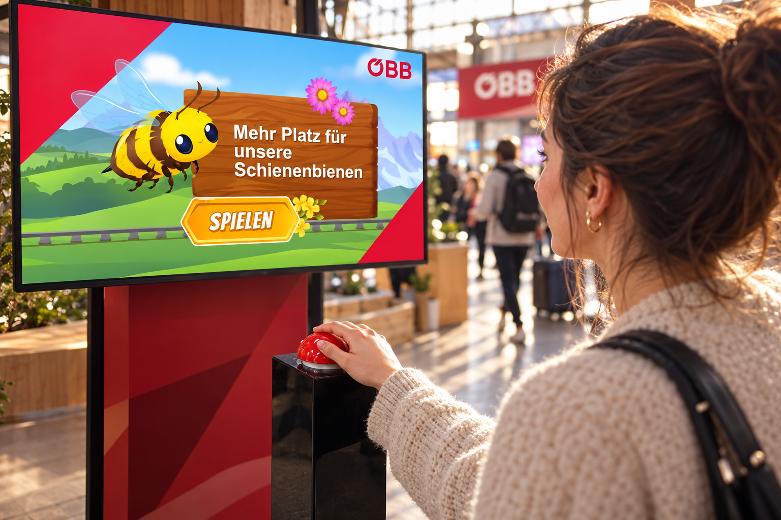 Besucherin bleibt am GAMIFY Gewinnspiel-Screen stehen und drückt den roten Buzzer
